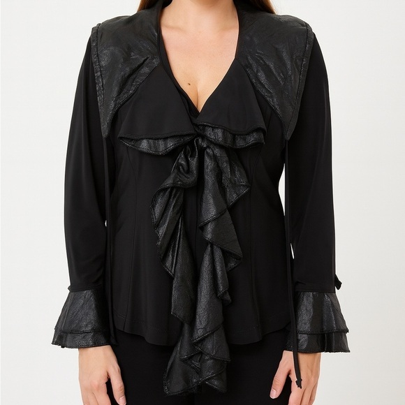 Frank Lyman Design Tops - Frank Lyman Designs Black Ruffle Open Cardigan Shirt Size 6